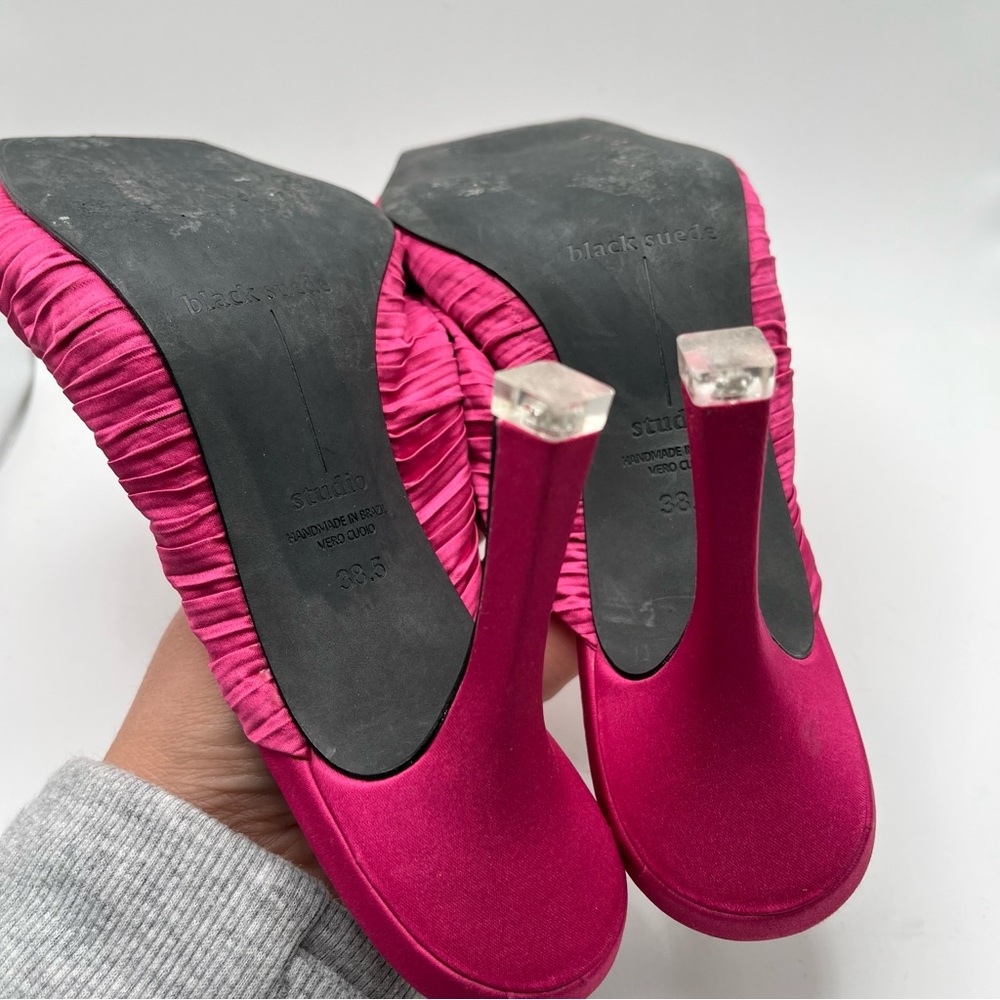 EUC Black Suede Studio Liliana Heels Pink Fuschia Women's Size 38.5 US 8.5 Mules - Picture 8 of 10